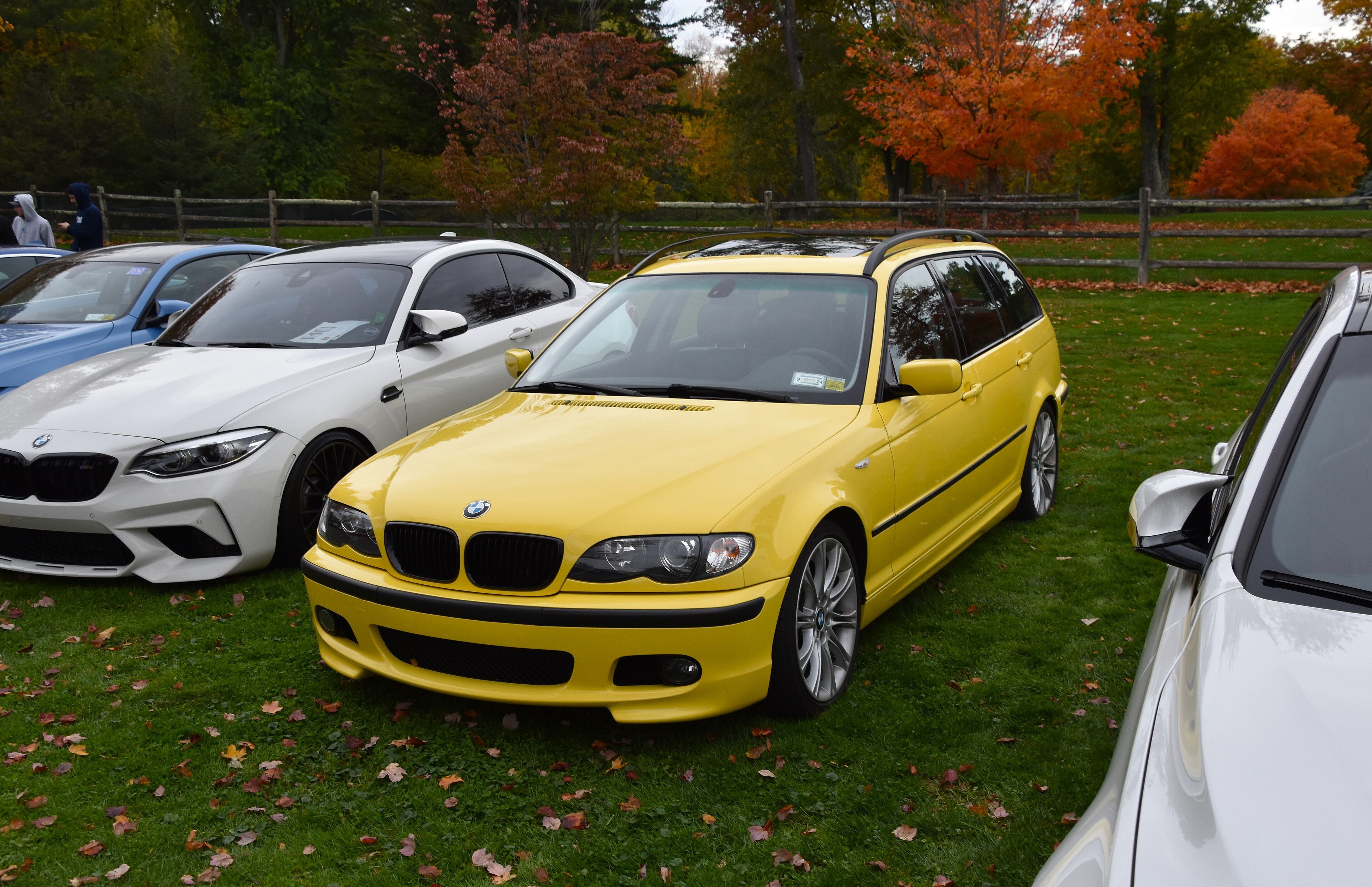 Жёлтый универсал BMW 325xi поколения E46 на осенней встрече автомобилей